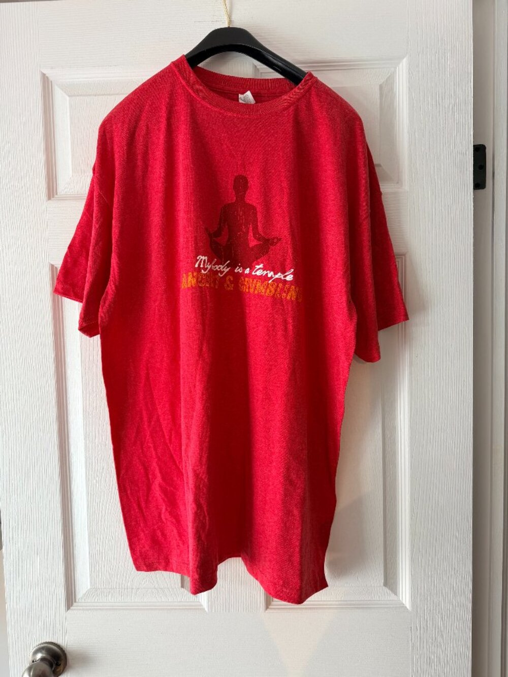 Ancient & Crumbling Funny Yoga Graphic T-Shirt Red XL Oversized Fit